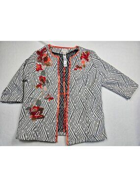 Chicos Floral Embroidered Open Jacket Size 2P Large Black/White Chevron Pattern